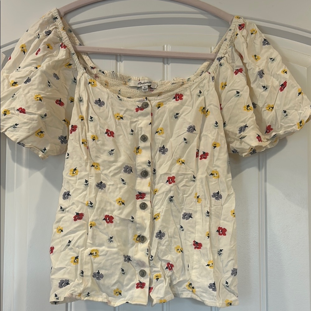 Madewell Cream and Red Ruched Puff Sleeve Blouse